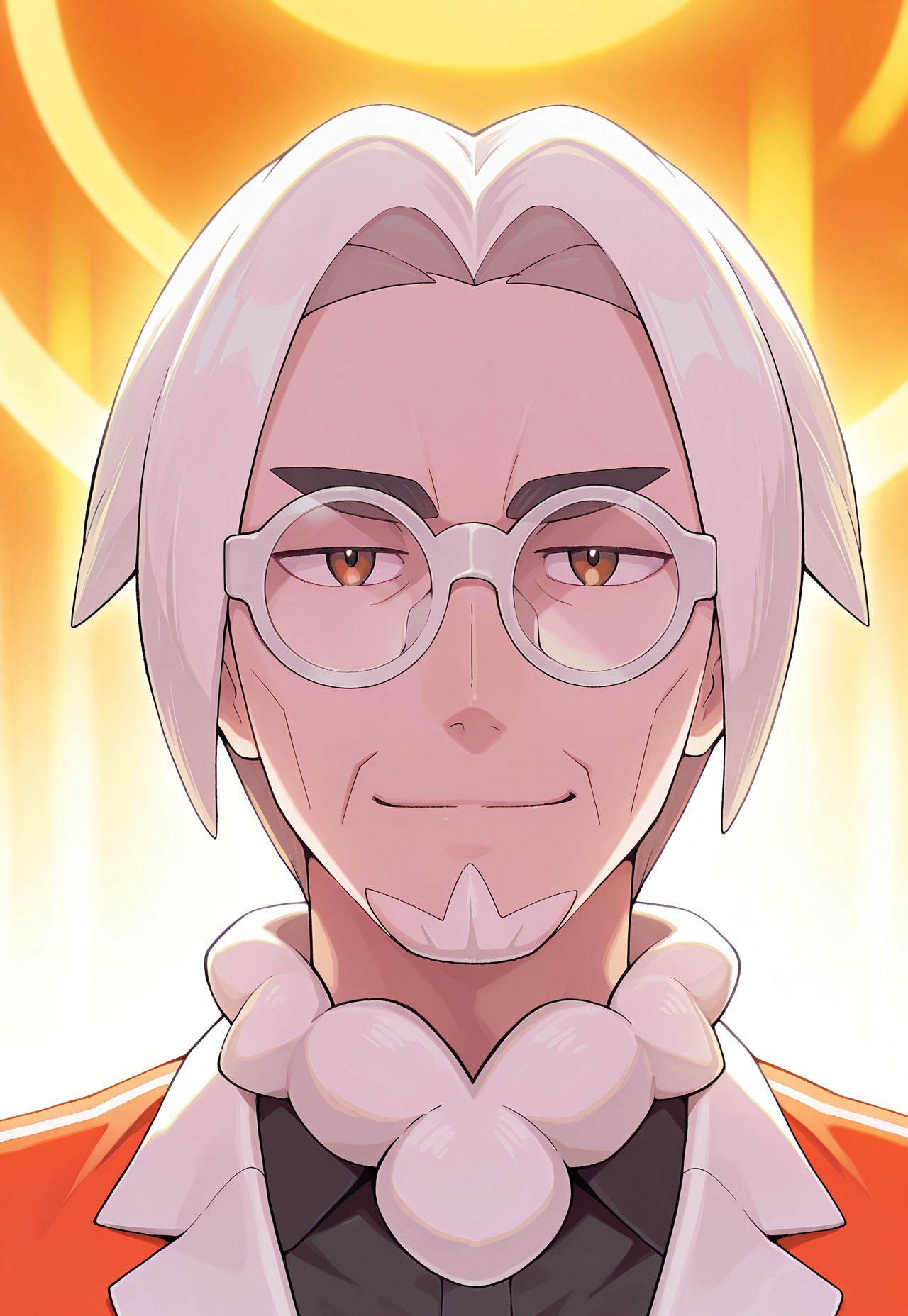 solo, masterpiece, detailed, uwa, huge filesize, ultra hd, best quality, (absurdres, highres), 1boy, official art, bright, male

PokeClavell, white hair, facial hair, glasses, orange jacket, black shirt, portrait, headshot, looking at viewer, smirk