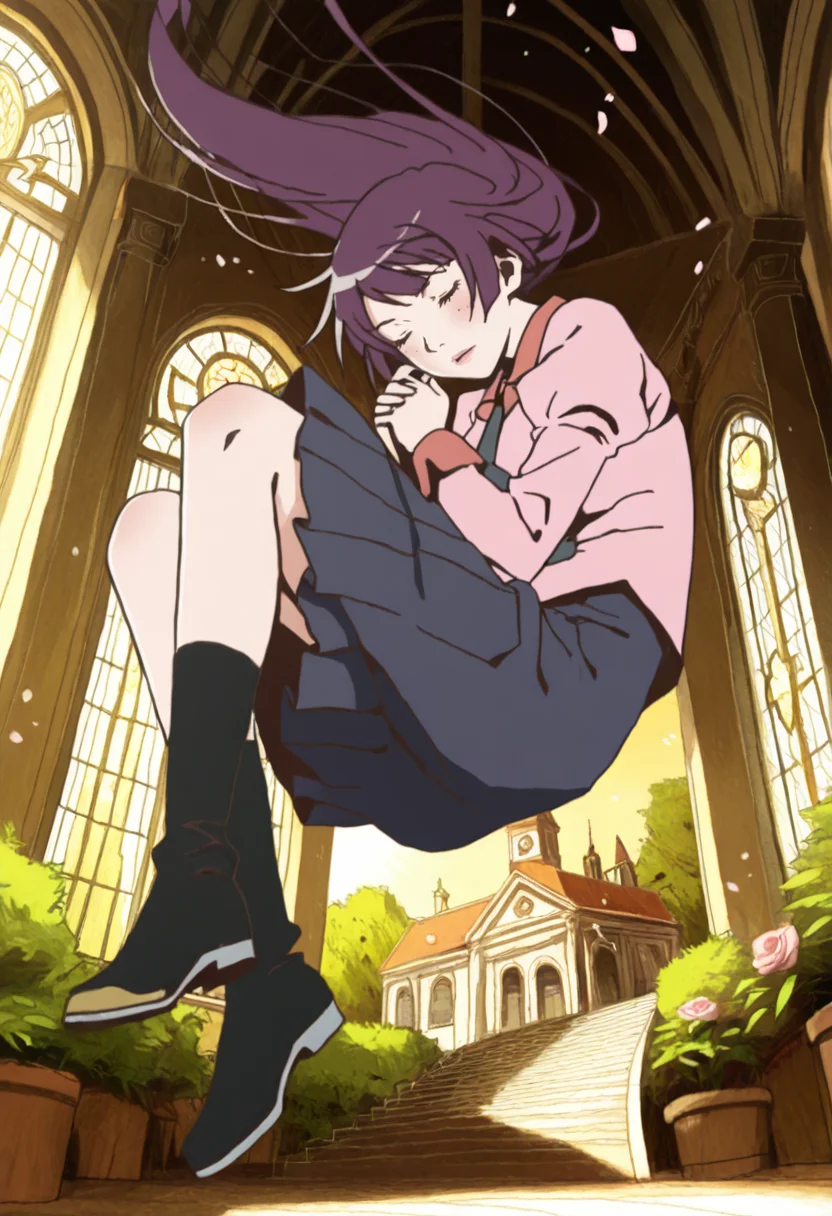 pingyuasa,from below, fetal position,
1girl,senjougahara hitagi, purple hair, blue eyes, long hair,naoetsu high school uniform, pink shirt, pink jacket, long sleeves, juliet sleeves,necktie,
eyes closed,legs folded,
falling, stairs, spiral staircase, flower, floating hair, window, stained glass, gothic architecture, architecture, light rays, skylight, light particles, glass ceiling, sun, sunbeam, colorful, sunset,dappled sunlight, clock tower,bush,tree,potted plant, castle,
rose, red rose, pink rose, white rose, blue rose, petals, falling petals
masterpiece,best quality,amazing quality,very aesthetic,absurdres,sensitive,newest,very awa,