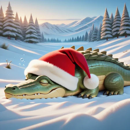 animal christmas, christmas theme,
animal focus, no humans,
crocodile, sleepy, snow, outdoors, christmas hat, ribbon,
masterpiece, best quality, absurdres