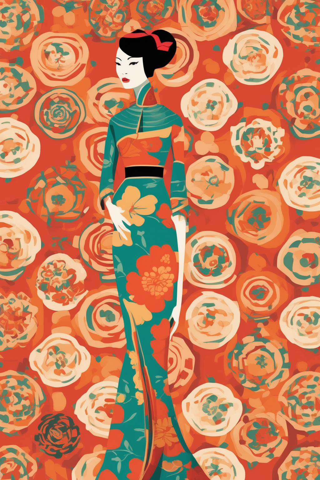 Josh Agle Style - hip 1960s slender Chinese woman in a beautiful dress. Patterns. In the style of Josh Agle.