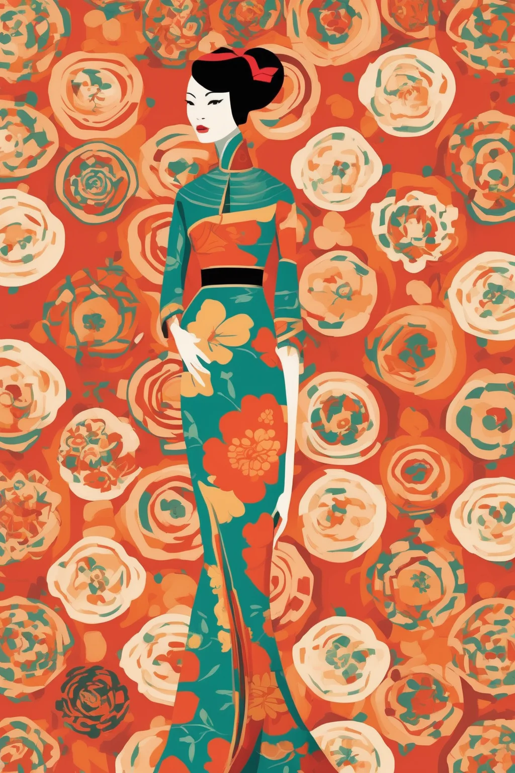 Josh Agle Style - hip 1960s slender Chinese woman in a beautiful dress. Patterns. In the style of Josh Agle.