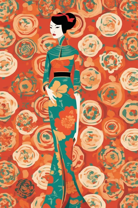 Josh Agle Style - hip 1960s slender Chinese woman in a beautiful dress. Patterns. In the style of Josh Agle.