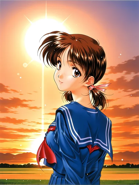 masterpiece,best quality,newest,
1girl,solo,
1990s \(style\),retro artstyle,<lora:adachi_taeko_ilxl_v1.0:1>,a_taeko,brown hair,brown eyes,hair bow,low twintails,t_clothes,blue serafuku,long_sleeves,blue pleated skirt,
<lora:Fixhands_anime_bdsqlsz_V1:1>,sun,portrait,front view,lens_flare,fisheye,smile,standing,grassland,cowboy_shot,looking_back,from behind,arms_behind_back,