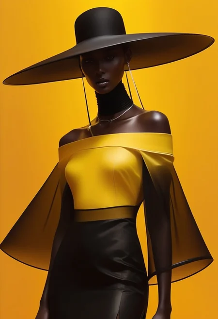aaAR7fl,masterpiece,highres,best quality,best aesthetic, intriguing details, Rick Owens fashion campaign, haute couture,1girl, solo, off shoulders, glowing necklace, see-through, wide brim hat, swing a badminton racket, yellow gradient background, in style of Tim Walker, black Organic-shaped dress, hyper realistic, explicit, dynamic,