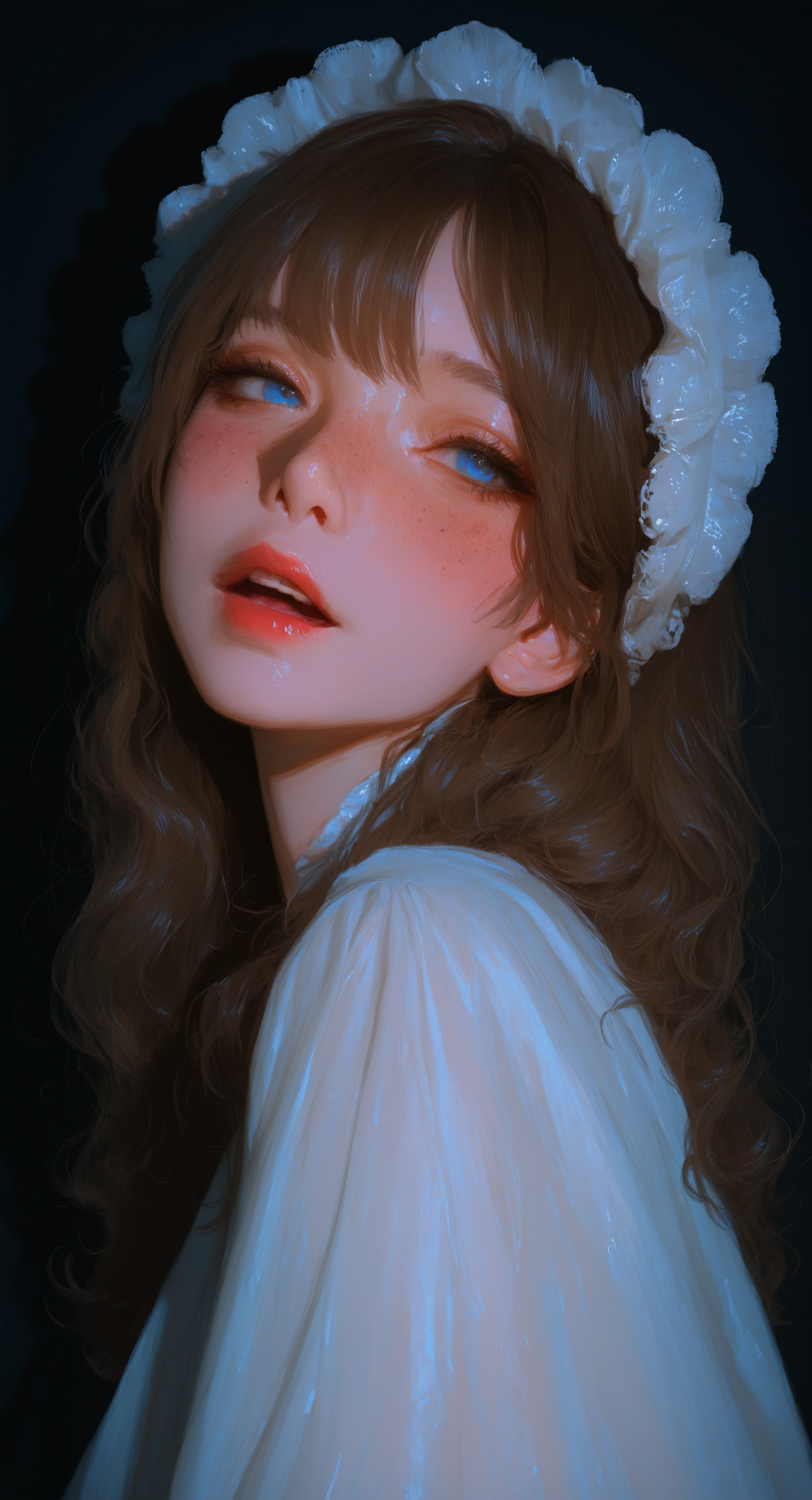 masterpiece, best quality, good quality, very aesthetic, absurdres, newest, 1girl, solo, long hair, looking at viewer, blush, open mouth, blue eyes, brown hair, dress, upper body, parted lips, teeth, from side, looking to the side, lips, head tilt, upper teeth only, shadow, black background, portrait, freckles, realistic, red lips, headdress, photorealistic <lora:ponyv5_noobV065S_1_adamW-000013:0.7> <lora:USNR_STYLE_XL_lokr:0.45> <lora:745cmSDXLvpred75S:0.4>