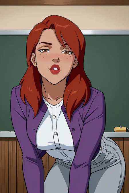 (((parody)), perfect anatomy, perfect eyes, cowboy shot) BREAK <lora:MissMartianIL:1> mgann morzz, mature female, freckles, long hair, red hair, brown eyes, lipstick, sultry eyes, naughty face, luscious lips ((looking at viewer)), purple jacket, long sleeves, cream button-down shirt, grey jeans, showing off body, teasing viewer, naughty pose, incoming kiss, puckered lips, modeling pose, arched back, indoors