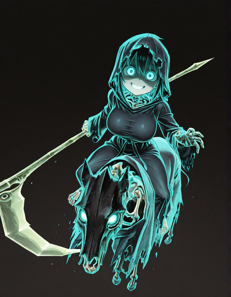 (2D,masterpiece,best quality,amazing quality, high resolution,looking at viewer,ultra-detailed,1 girl,solo,source_anime,petite,lovely,curvy,cute,huge_breasts,spooky,ghost,Simple black background),Hexwraiths,holding scythe,horseback riding,skeleton,skeleton horse,robe,hooded robe,glowing eyes,attack trail, attack, swinging weapon,Shortstack,open mouth,shaded face, scared face, yandere, smile,taut clothes,<lora:Hexwraiths:1>, <lora:ValbunStyle-IL:0.4>