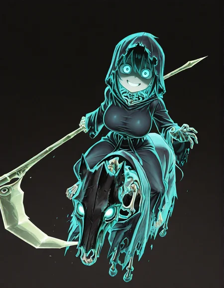 (2D,masterpiece,best quality,amazing quality, high resolution,looking at viewer,ultra-detailed,1 girl,solo,source_anime,petite,lovely,curvy,cute,huge_breasts,spooky,ghost,Simple black background),Hexwraiths,holding scythe,horseback riding,skeleton,skeleton horse,robe,hooded robe,glowing eyes,attack trail, attack, swinging weapon,Shortstack,open mouth,shaded face, scared face, yandere, smile,taut clothes,<lora:Hexwraiths:1>, <lora:ValbunStyle-IL:0.4>