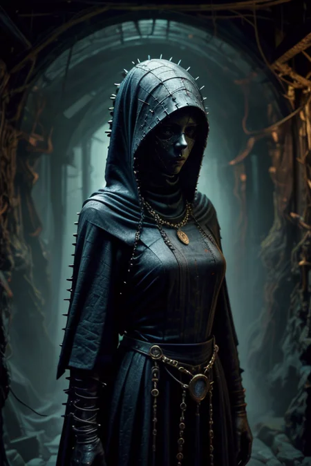 1girl,at distance,<lora:dungeon v1:0.7>,dungeon-background,dungeon,underground,stone wall,moss,<lora:cultiste:0.7>,cloak,hood up,robe,jewelry,chain,spike,<lora:Concept_-_Hella-sthetic_v2:0.7>,ceramic mask,the full and whole body,full length shot,, intricate, elegant, highly detailed, symmetry, magical atmosphere, sharp focus, majestic, very coherent, radiant, advanced, cinematic, artistic, fine detail, winning, beautiful, stunning, dramatic light, designed, rich deep colors, perfect professional background, ambient, tailored set composition