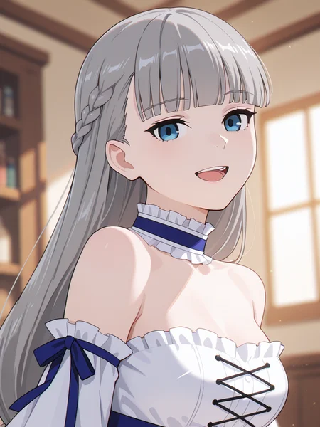 Lawine,Lawine,solo,smile,open mouth,braid,upper body,:d,indoors,blunt bangs,looking at viewer,breasts,teeth,blurry,