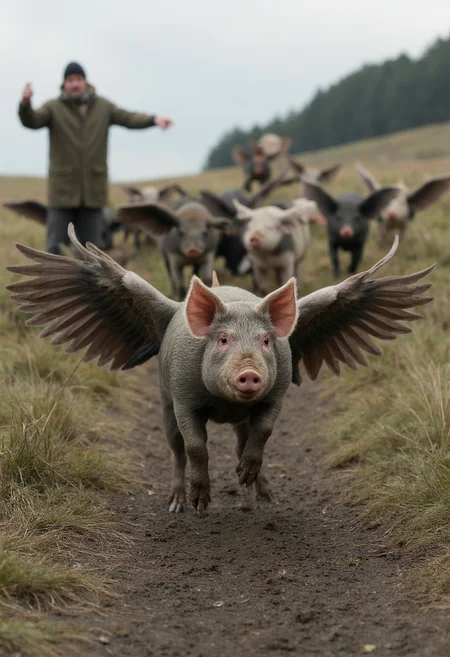 professional photography of a pig with long grey wings flying towards the viewer, with detailed skin feathers and hair, dirty and muddy. In the background, there are more winged pigs. A man in an anorak in the distance is pointing at the pig in awe. Set in a rural english landscape, photorealistic, detailed, style of national geographic <lora:dark_cinematic_flux_1_0:1>