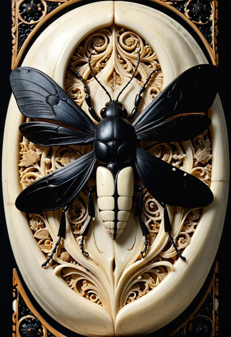 insect,
bug made out of, ebony, ivory, scrimshaw, bone carving,
depth of field, dramatic lighting, detailed shadows,
blurry background, extreme close up, intricate detail,
<lora:Ebony_and_Ivory_Scrimshaw_style_-_SDXL:1>, masterpiece, best_quality, amazing_quality, very_aesthetic, 8k, high_quality, highres, absurdres, subject_focus,