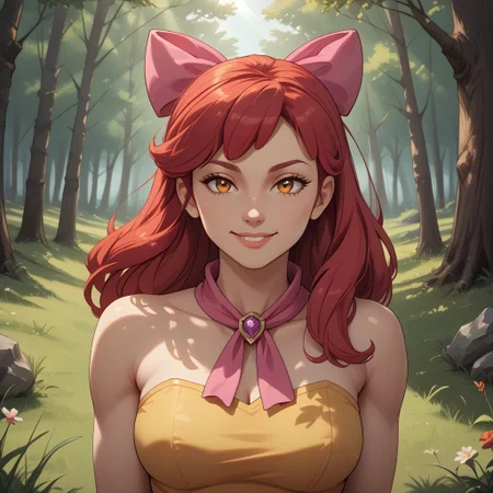 score_9, score_8, BREAK, solo, Apple Bloom, Red Hair, Pink Bow in hair, orange eyes, yellow skin, colored skin, adult female, mature female, breasts, sexy pose, self portrait, smile, outdoors, sunlight, shadows, evening lighting, natural lighting, forest, trees, grass, orange sky, sunset