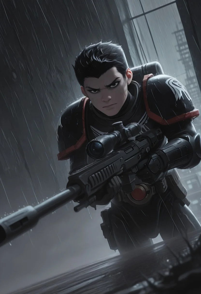 masterpiece, best quality, high quality, newest, highres,8K,HDR,absurdres, dynamic angle, realistic, 1boy, wearing edgRG_(power armor), pauldrons, raven emblem, solo, 1boy, Robin / Damian Wayne, black hair, short hair, black eyes, perfect eyes, perfect face, holding a sniper, silhouette, skyline, creepy, backlit, haunted, night sky, lightnings and thunders, rain, rainy, fog, mist, cold, dutch angle, dark interior, solo, close up, mid shot, dutch angle, <lora:edgIllustriousXL_Raven_Guard:1>
