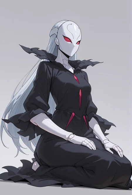 Smooth Quality,masterpiece,very intricate, high quality details, ultra realistic, high detailed skin,detailed enviorement,absurdres,
simple background, white background, 
dutch angle,solo,seiza,
 <lora:Berettacnn:0.8>  beretacnn,1girl, long hair,red eyes, (mask:1.1), black dress,silver hair, doll joints, no humans, no mouth,