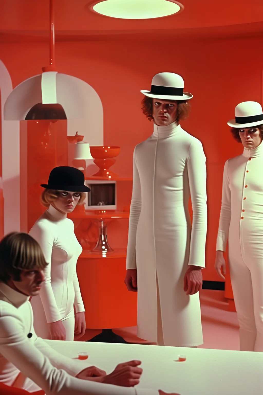 <lora:Director Rainer Werner Fassbinder style:1>Director Rainer Werner Fassbinder style - Vintage flash autochrome in the set of A Clockwork Orange with the actors in white and the woman in red in the House scene, the set is feeling the atmosphere of the movie A Clockwork Orange with original design and colors and architecture true to the movie, horror freak photographystunning post-processing 35mm grain, cinematic