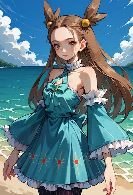 score_9, score_7_up, source_anime, BREAK light smile, ocean, solo, <lora:Jasmine:1> J4SM1N3, brown hair, long hair, pigtails, brown eyes,, <lora:mxmarina:0.7> Hair ribbon, frilled choker, criss-cross halter, sleeveless dress, high-waist skirt, backless dress, blue dress, waist blue bow, detached sleeves, frilled sleeves, wide sleeves, blue sleeves, black pantyhose, patterned legwear, pinstripe pantyhose, mary janes,