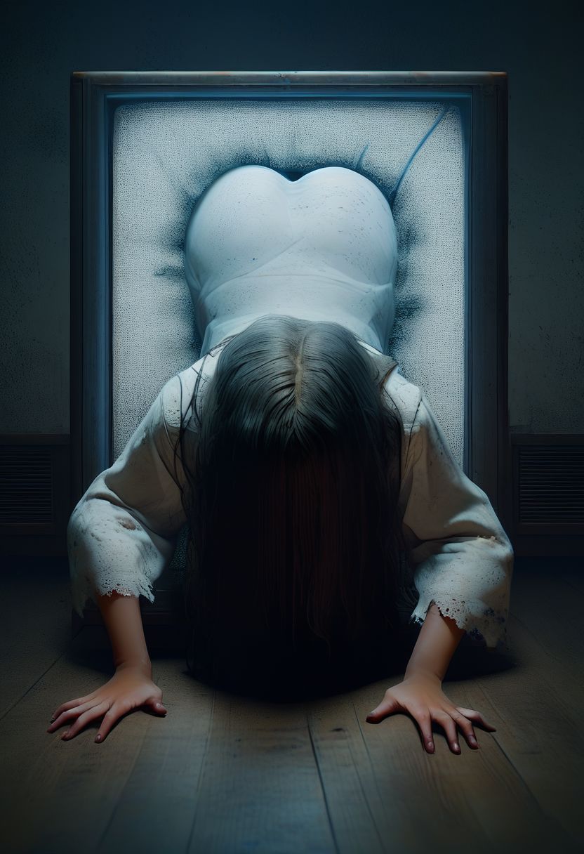 score_9, score_8_up, score_7_up, pov, throughscreen, 1girl, theonryoxl, white dress, legs, lower body, ass, static, tv, stuck, scary dark room,