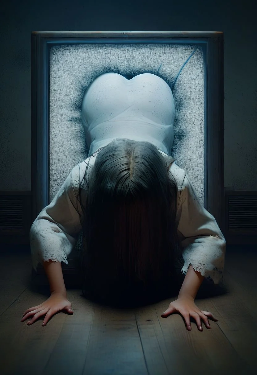 score_9, score_8_up, score_7_up, pov, throughscreen, 1girl, theonryoxl, white dress, legs, lower body, ass, static, tv, stuck, scary dark room,