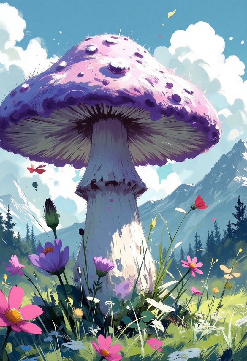 nistyle, in the style of ck-mgs, Mh1$AgThS2, intricate linework with unique furry mushroom with a soft, velvety texture grows in an alpine meadow surrounded by wildflowers. The mushroom's pale purple hue complements the vibrant colors of the meadow blossoms. clouds. A gentle breeze rustles through the grass and flowers, adding a sense of movement to the serene landscape, 32k, ultra HD, ultra-detailed, amazing quality, amazing artist, sharp edges, detailed textures, full view, atmospheric lighting, amazing visuals, An embroidered design Spring atmosphere