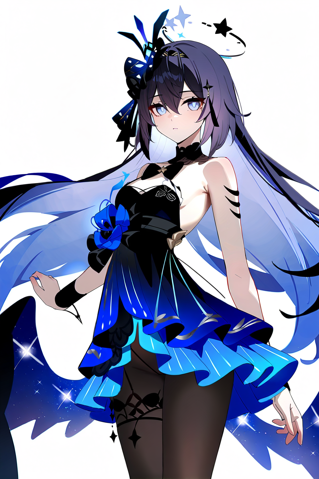 8k, best quality, masterpiece, (ultra-detailed), (high detailed skin), 
(wanke), (pigeon666), ((rei_(sanbonzakura)),konya_karasue,year 2023,((best quality)),((masterpiece)),((ultra-detailed)),(illustration),(detailed light),(an extremely delicate and beautiful), ((solo)),((cowboy shot)), (((a beautiful girl))),((small_breasts)),((looking at viewer)), (galaxy adorns colorful wings),(((starry_wings,galaxy_wings):1.5)),(Glowing line tattoos), (galaxy adorns colorful dress),(Glowing halo), (beautiful eyes),white hair, [(white background:1.7):white background:5], ((standding)),,,
, <lora:xierssyy-noob-Tanger-000010:0.8>, xier, yongye, second clothes, black sleeveless dress, black hair ornament, black low wings, 1girl, blue eyes,  long hair, black hair, black pantyhose, bare shoulders, seele vollerei, bangsï¼