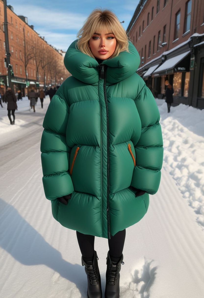 ((((Oversized sherpa padded down coat)))), ((((Oversized sherpa padded puffer coat)))), ((((Oversized sherpa padded winter clothes)))), ((((Very cold)))), ((((feet out of frame)))), city, street, winter, snow, walking, daytime, sun, sunlight, thigh boots, green eyes, tsurime, blonde hair, streaked hair, medium hair, light smile, straight hair, dyed bangs, sidelocks, beanie, eyelashes, eyeliner, Perfect anatomy, masterpiece, high quality, best quality, beautiful lighting, realistic lighting, beautiful eyes, beautiful hair, beautiful face, detailed face, high quality face, realistic background, detailed background, padded cuffs, padded collar, Thick padded cuffs, Thick padded collar, <lora:Collar-SDXL:0.6>, <lora:Cuffs-SDXL:0.6>, <lora:Puffer_Jacket_and_Down_Jacket_-_Extra_Puffy_Jackets:0.4>
