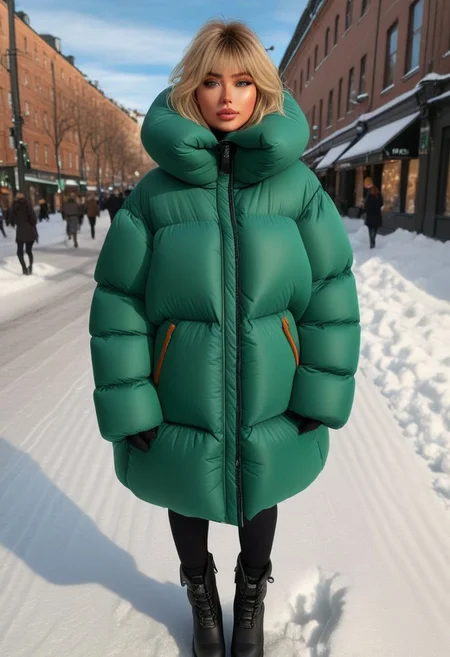 ((((Oversized sherpa padded down coat)))), ((((Oversized sherpa padded puffer coat)))), ((((Oversized sherpa padded winter clothes)))), ((((Very cold)))), ((((feet out of frame)))), city, street, winter, snow, walking, daytime, sun, sunlight, thigh boots, green eyes, tsurime, blonde hair, streaked hair, medium hair, light smile, straight hair, dyed bangs, sidelocks, beanie, eyelashes, eyeliner, Perfect anatomy, masterpiece, high quality, best quality, beautiful lighting, realistic lighting, beautiful eyes, beautiful hair, beautiful face, detailed face, high quality face, realistic background, detailed background, padded cuffs, padded collar, Thick padded cuffs, Thick padded collar, <lora:Collar-SDXL:0.6>, <lora:Cuffs-SDXL:0.6>, <lora:Puffer_Jacket_and_Down_Jacket_-_Extra_Puffy_Jackets:0.4>