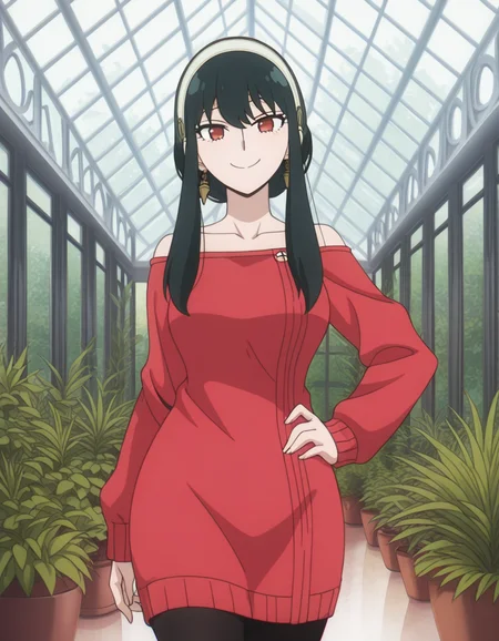 masterpiece, best quality, amazing quality,, <lora:yor-briar-s1-illustriousxl-lora-nochekaiser:1>, yor briar, black hair, red eyes, earrings, white hairband, hairband, long hair, sidelocks, mature female, breasts, anime screencap, bare shoulders, collarbone, dress, long sleeves, off shoulder, off-shoulder dress, off-shoulder sweater, pantyhose, red sweater, sweater, sweater dress, thighs,, conservatory, plants, glass roof, sunlight, greenery, , smug, hand on own hip, looking at viewer, solo,, cowboy shot, solo