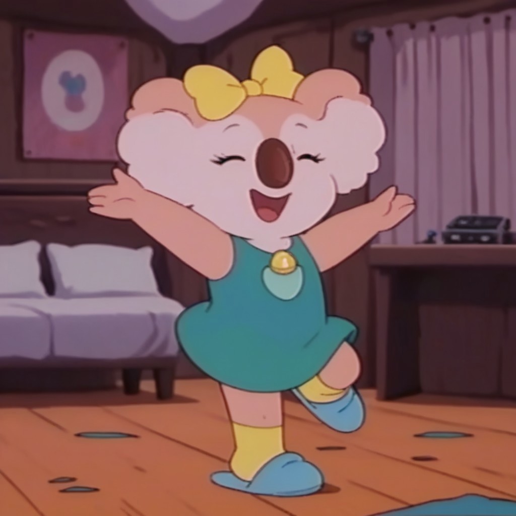 score_9, score_8_up, score_7_up, score_6_up, score_5_up, score_4_up, source_furry, Laurakoala, semi-anthro, female, koala, peach fur, green dress, yellow bow, yellow socks, blue slippers, dancing, bedroom,