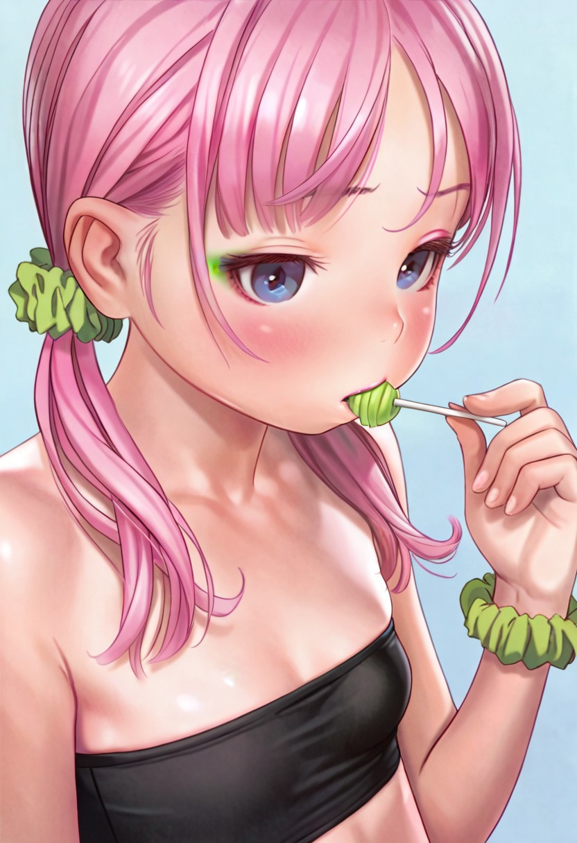 masterpiece, best quality, 1girl, solo, skinny, flat breasts, blue eyes, (pink candy hair, two pigtails), green elastic scrunchie, makeup, blush, black tube top, sucking green lollipop, lollipop in mouth, holding, portrait, blue background,