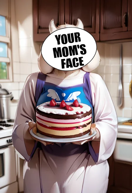 yrm0mlol, 1girl, mature, toriel, classic outfit, upper body, friendly, holding butterscotch cake, kitchen, photorealistic, highly detailed, 8k