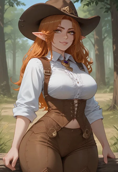 score_9, score_8_up, score_7_up, Expressiveh, source_anime 1 girl, elf, freckles, sharp ears, wide hips, short chaps, , cowboy hat, large breasts, tan skin, solo, smug, grin, ginger hair, long hair, parted bangs, bushy eyebrows, amber eyes, detailed eyes, large breasts, wide hips, thick thighs, thicc,