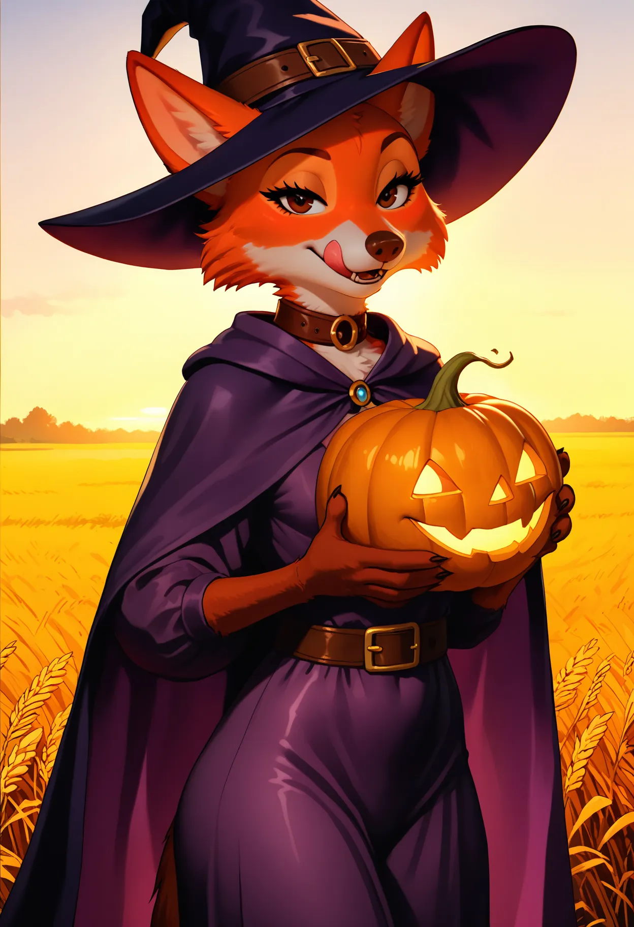 masterpiece, best quality, newest, absurdres, highres, safe, BREAK,
marianc, 1girl, solo, female, orange fur, brown eyes, brown nose, witch, pumpkin, autumn, sunrise, morning after, backlighting, holding pumpkin, looking at viewer, licking lips, bedroom eyes, leather belt, purple cloak, purple dress, witch hat, from front, brown collar, purple cape, field, grain, wheat, long ears, small chin, pupils, eye shine, nostrils, philtrum, fox, ears, standing, upper body focus
, <lora:Marian_v10Noob3-9s96:1> <lora:noobai_ep11_stabilizer_v0.138_fp16:0.8>