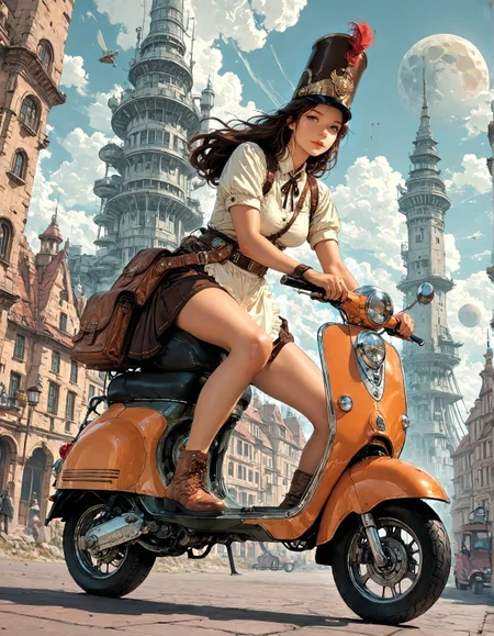 masterpiece, best quality, amazing quality, very aesthetic, absurdres, newest, f4ntcmc, 1girl, solo, brown eyes, brown hair, long hair, light smile, waitress, satchel, riding, scooter, science fiction, shako cap, , moon, clouds, day, buildings, tower,  <lora:FantasyComics-000025:0.85> F4st