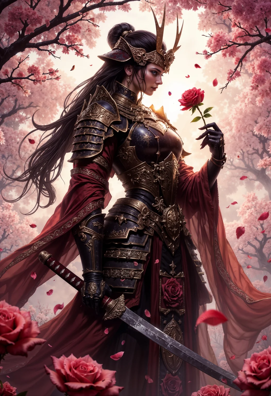 A female ronin in ornate samurai armor stands amidst a field of blooming cherry blossoms. The ronin holds a single rose delicately in her gauntleted hand, gazing down at it with a soft expression. Her long, flowing hair is adorned with small rose petals, carried by a gentle breeze. At her side, a large katana decorated with intricate engravings of roses rests against her leg. The sunlight filters through the petals, casting a warm, golden glow over the scene, enhancing the romantic yet powerful atmosphere. <lora:dark_fantasy_flux:0.83> <lora:FredFraiStyle-FLUX-Share:0.63>, <lora:FluxMythP0rtr4itStyle:0.33> mythp0rt