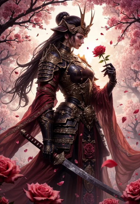 A female ronin in ornate samurai armor stands amidst a field of blooming cherry blossoms. The ronin holds a single rose delicately in her gauntleted hand, gazing down at it with a soft expression. Her long, flowing hair is adorned with small rose petals, carried by a gentle breeze. At her side, a large katana decorated with intricate engravings of roses rests against her leg. The sunlight filters through the petals, casting a warm, golden glow over the scene, enhancing the romantic yet powerful atmosphere. <lora:dark_fantasy_flux:0.83> <lora:FredFraiStyle-FLUX-Share:0.63>, <lora:FluxMythP0rtr4itStyle:0.33> mythp0rt
