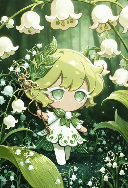 masterpiece,best quality,amazing quality,
colored eyelashes,white eyelashes,
delicate, pale green and white clothing, hair adorned with small, bell-shaped lily of the valley flowers, flower-themed accessories, ethereal pose, solo, full body, misty, forest background, (nature theme:1.1), (dance theme:1.1), holding a slender, crystal-tipped wand with a lily of the valley flower at the tip, surrounded by an aura of gentle, whispery music, with a few lily of the valley flowers blooming around them, and a soft, shimmering light emanating from their movements as they dance
crk1styl111,<lora:lycoris:1>,(chibi:1.4),