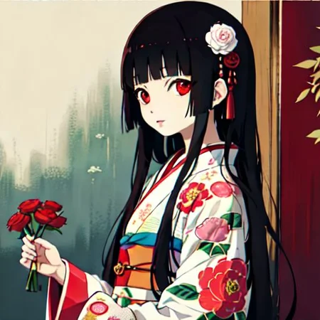 enma ai, hair down, hair black, bangs, eyes red, masterpiece, best quality, ultra-detailed, illustration, 1girl, solo, highres, photorealistic, ultra high res, (Original illustration composition), (fusion of limited color,Maximalism artstyle, kimono obi fashion, double exposure, background, illustration, Amazing, lily spider, night darkness, open one's mouth, finger, bouquet flowers red, low twintails, (polychromatic peony:1.15), Movie poster,