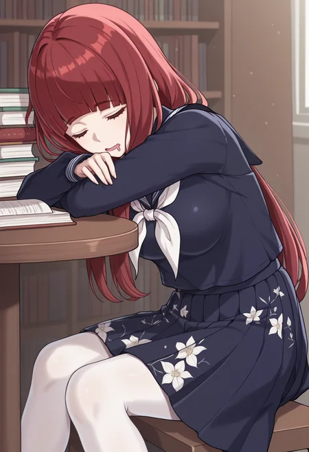 masterpiece, best quality, 1girl, sitting, elbow rest, book stack, sleeping, mouth drool, <lora:SahoriSMT-illu:1> sahori, red hair, long hair, blunt bangs, school uniform, blue serafuku, white neckerchief, medium breasts, long sleeves, pleated skirt, floral print, print skirt, white pantyhose, table, library