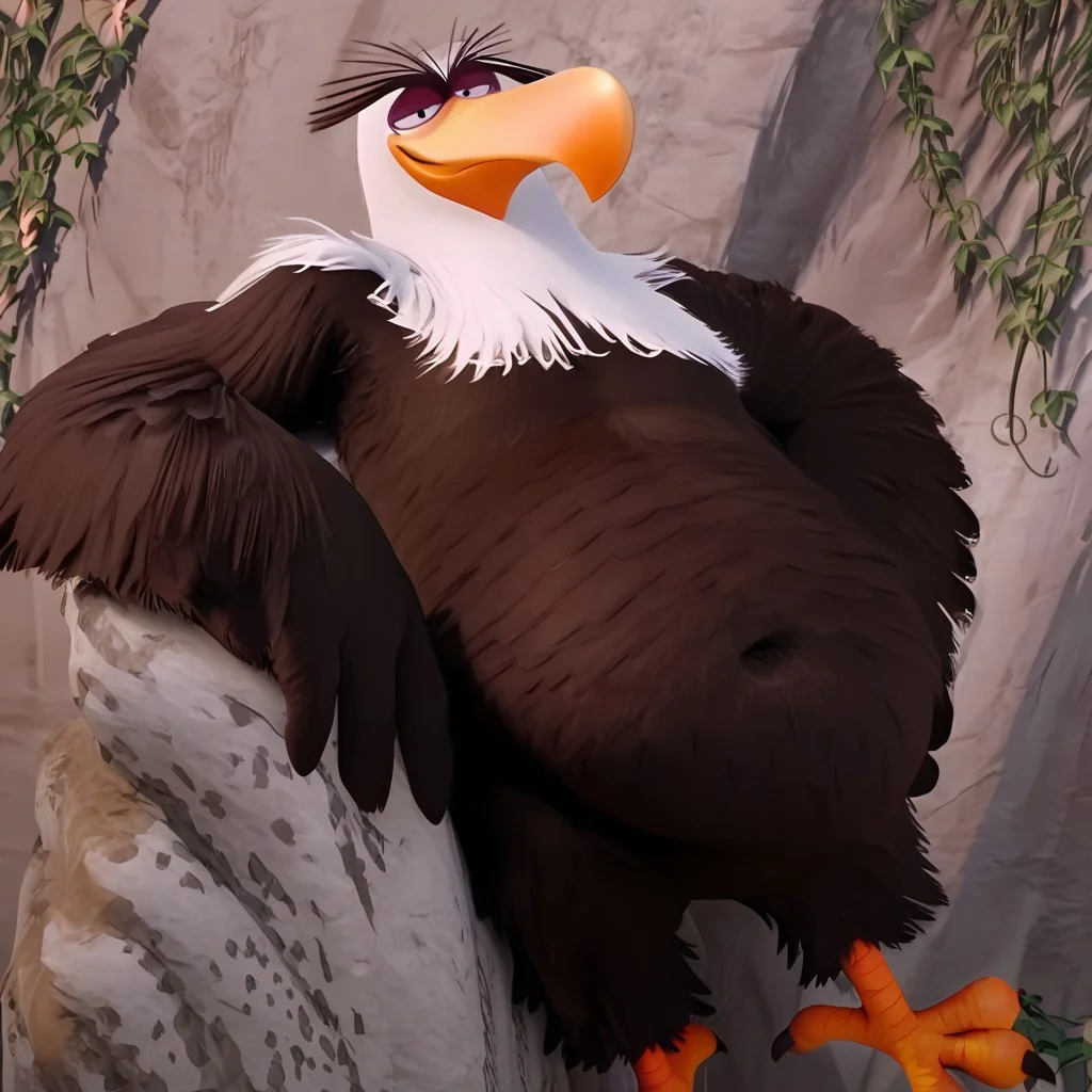 Might Eagle, brown feathers, feathers, bird, eagle, purple eyelids, feathered hands, big feathered hands, bird tail, winged arms, white head, white head feathers, feathered head, tired, eyebags, small pupils, white sclera, large eyebrows, large beak, long yellow beak, short legs, large feet, talons, obese, big belly, 3D, male focus, lying, solo, on back, navel, love handles, ((solo)), smiling, looking at viewer, smile,