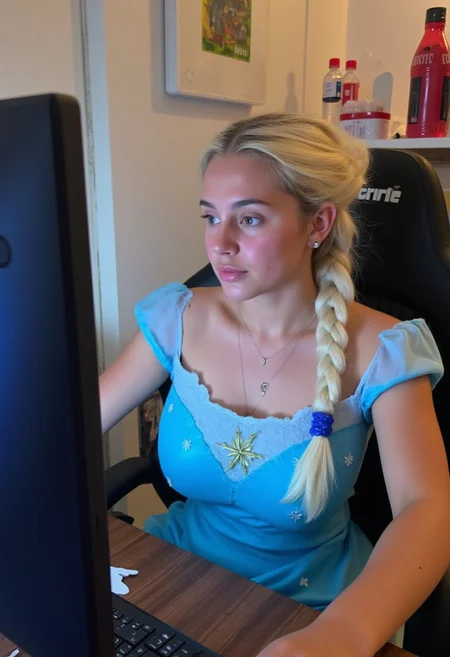 A quickly snapped, downblouse, unprofessional Snapchat photo of a gamer beautiful woman 20yo sitting at her PC. She is looking like Elsa from Aendelle, blonde single braid, wearing sex blue dress with snowflake motif, in the style of Elsa from Arendelle, she is in front of her monitor, which is slightly blurred in the shot. SHe is very sexy and pretty, the image might be out of focus or poorly lit. The background is messy, with drink cans and snacks on the table, while she is fully immersed in the game, not paying attention to the camera.
