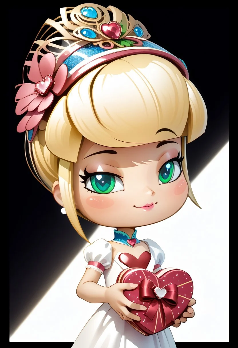 masterpiece,best quality,amazing quality, mature, clean lines, subtle lighting, bold outlines, cel shading, very aesthetic, absurdres, newest,
1girl, pinystyle, medium shot, closeup, solo, beautiful blonde girl, mugenfan208, (small breasts:1.3), pink lips, green breastplate, white dress, cowhide helmet, , (holding valentine's gift, valentine's background, heart-shaped baloons:1.3), cute, smug expression, half-closed eyes,
peacock style