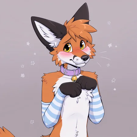 femboy, fox, source_furry, collar, bell, :3c, stockings, warmers, shy, bust <lora:femboyfurry-000002:0.8>