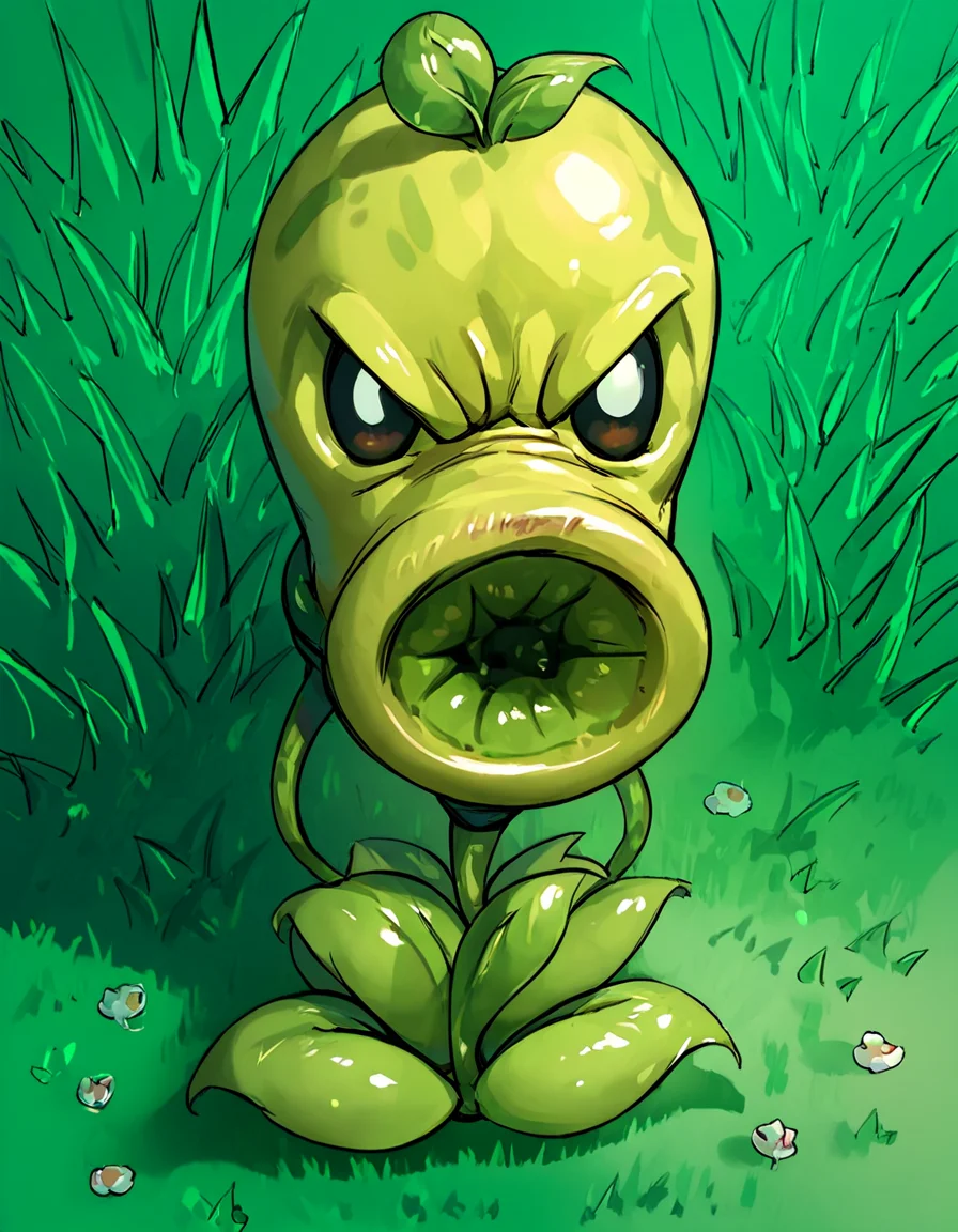 score_9, score_8_up, score_7_up, score_6_up, score_5_up, score_4_up, source_anime, , peashooter, creature, grass, looking at viewer, angry