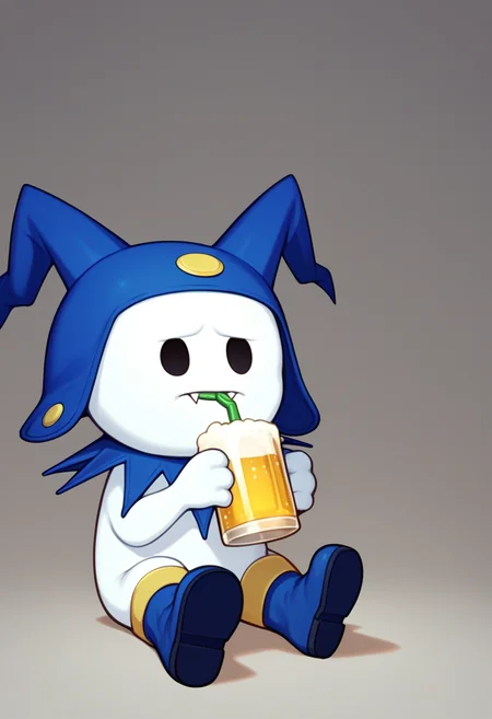 score_9, score_8_up, score_7_up, source_anime BREAK solo, no humans, <lora:Jack-Frost-pdxl_Fp-000006:1>, jackfrostsmt, creature, white skin, solid oval eyes, :d, fangs, jester cap, sad, drinking beer, sitting, blue footwear, chibi