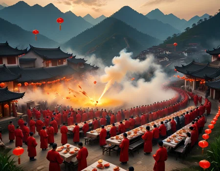 Under the bright sky of the Chinese New Year celebration in 2025, a picturesque landscape unfolds. Lush rice paddies stretch as far as the eye can see, while red lanterns illuminate the villages. Majestic mountains in the background evoke serenity. Firecrackers explode, and families gather around tables filled with traditional dishes, sharing laughter and joy
Negative Prompt	