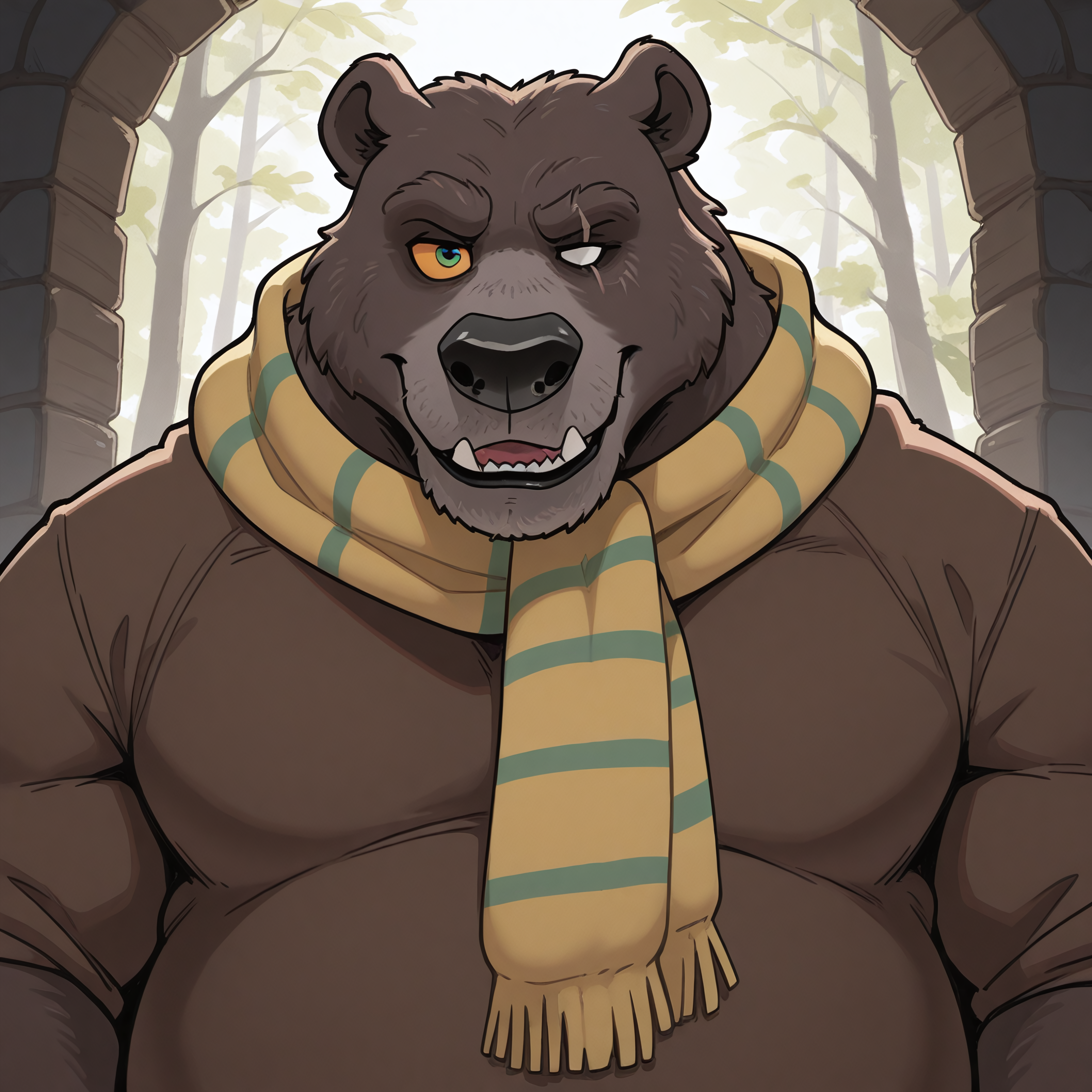 masterpiece, best quality, amazing quality, solo, 1boy, Papabear, bara,  scarf, eye scar, colored sclera, 