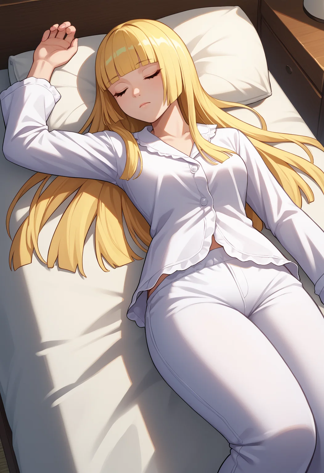 score_9, score_8_up, score_7_up, source_anime, <break> solo, 1girl, emilieog, sleeping, lying, on back, long hair, blonde hair, blunt bangs, hime cut, closed eyes, white pajamas, white pants, indoors, bed
<segment:yolo-face_yolov8m.pt,0.4,0.5//cid=1>