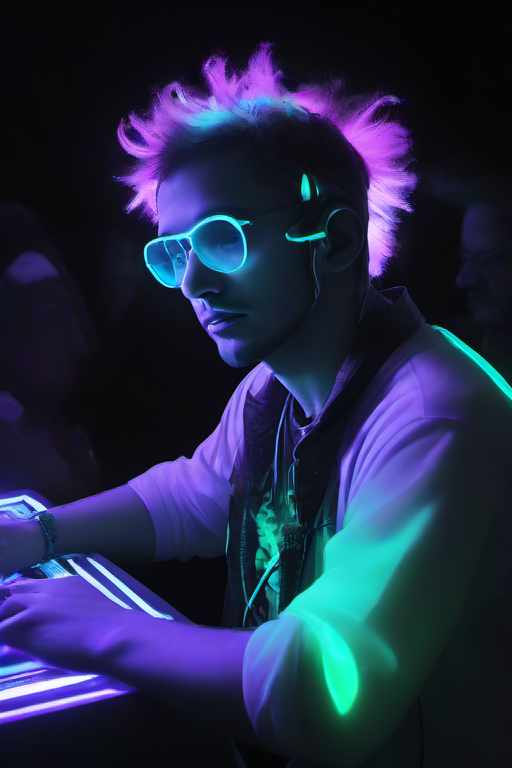 <lora:PE_SpectralStyle:1> PESpectral,glow,
portrait of dj,at festical,dj table,night,edm