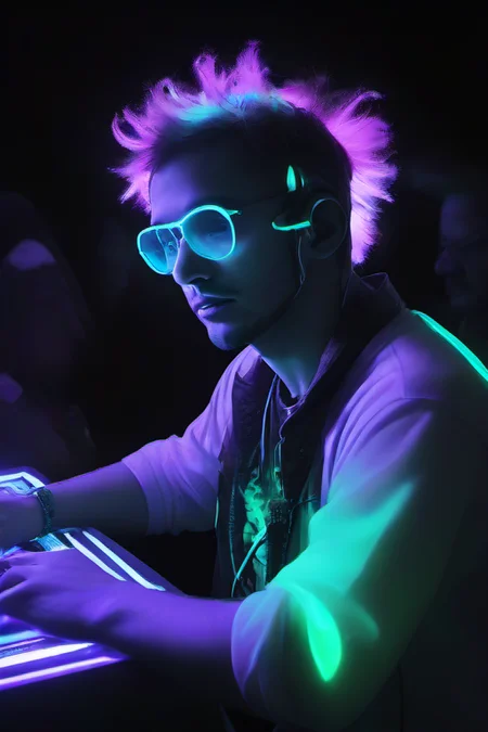 <lora:PE_SpectralStyle:1> PESpectral,glow,
portrait of dj,at festical,dj table,night,edm